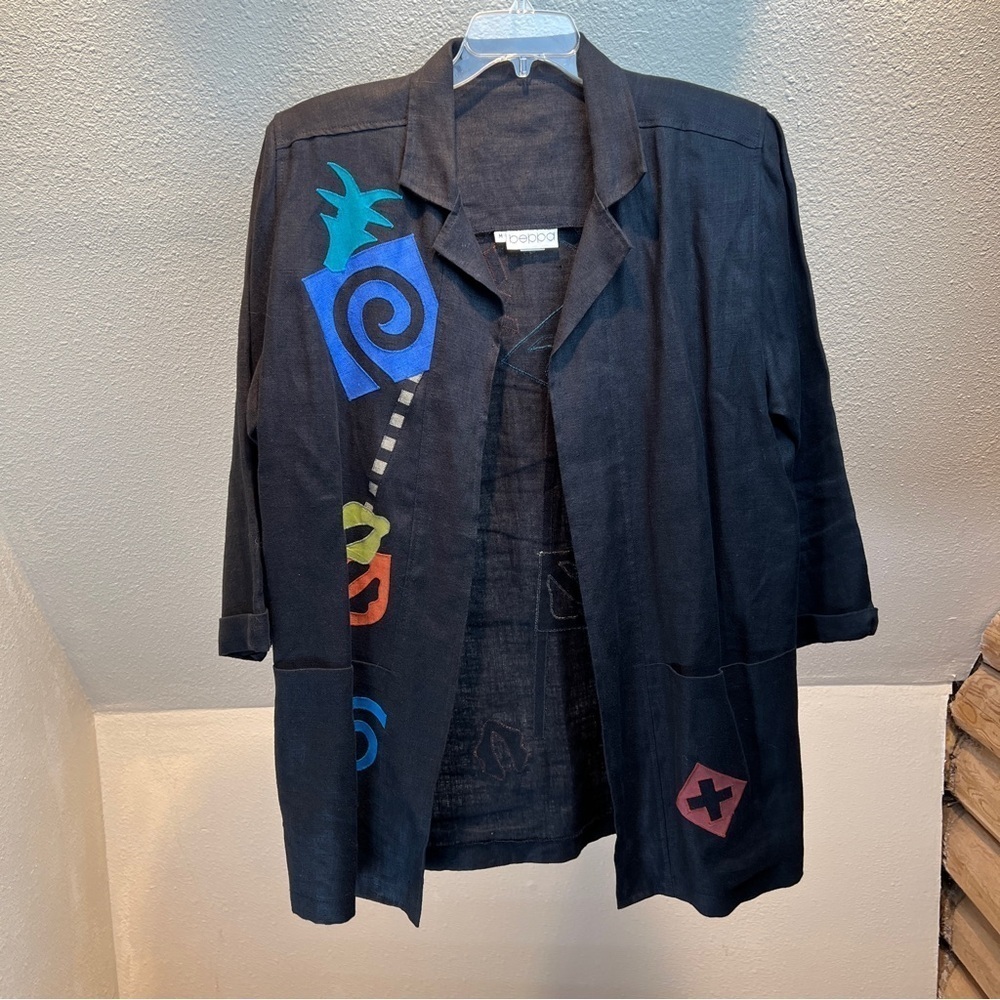 BEPPA Vintage 100% Linen Black Blazer Appliquéd with Colorful Geometric Shapes